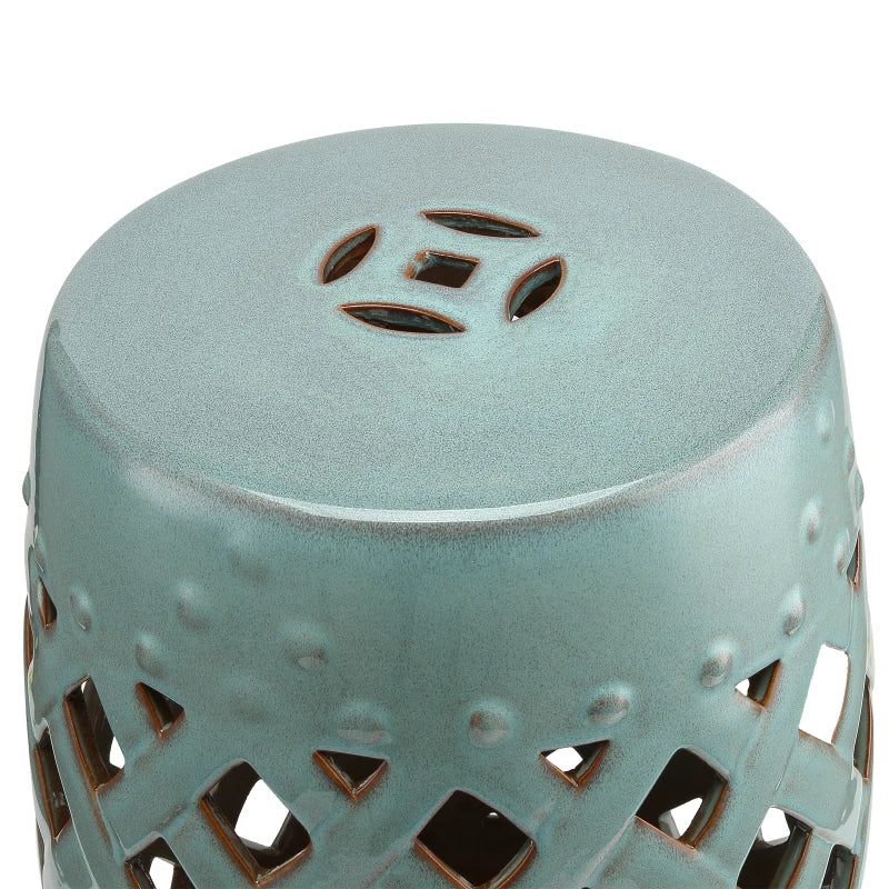 18" Ceramic Garden Stool with Woven Lattice Design, Indoor & Outdoor Decorative Accent Stool, Blue