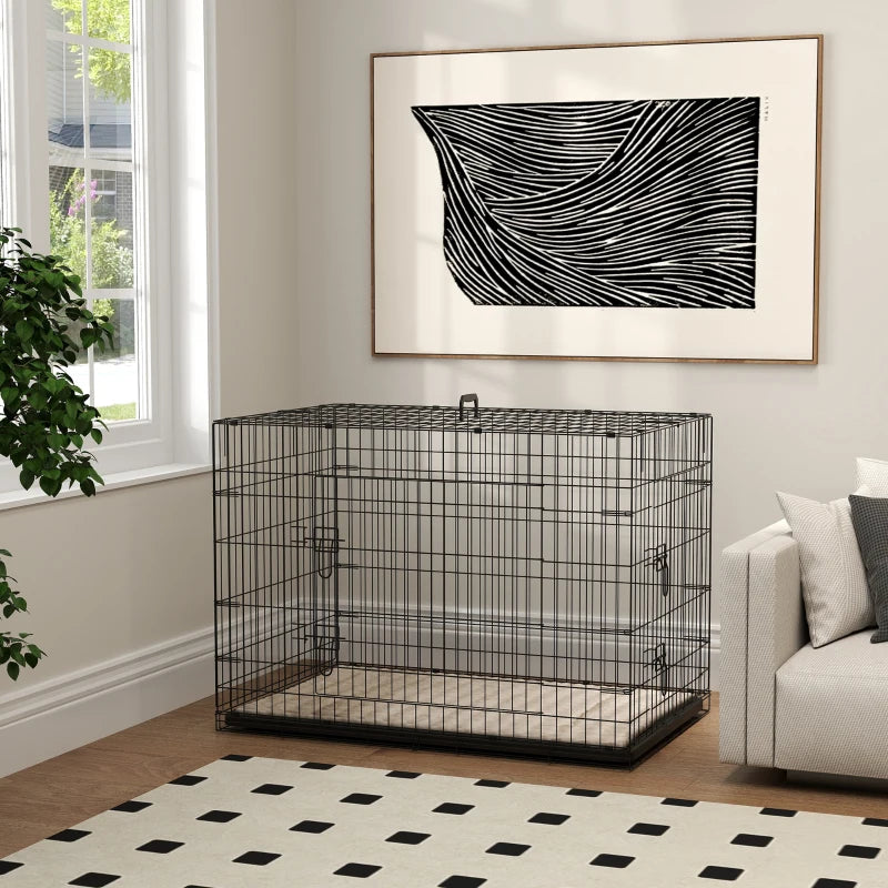 41" Dog Crate with 2 Doors, Folding Metal Dog Cage with Soft Cushion, Removable Tray, Handle, for Small Dogs, Black
