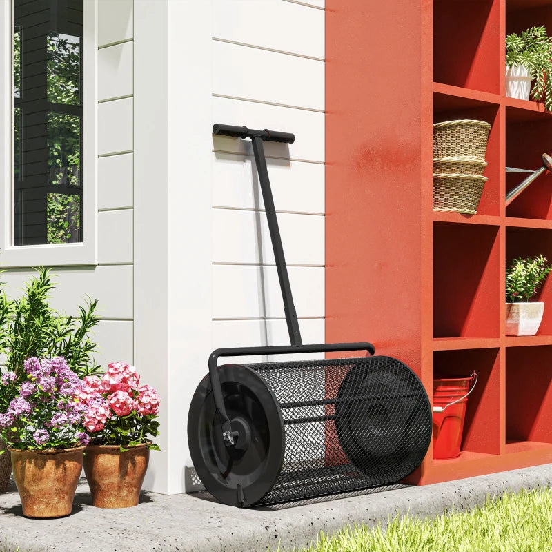 24 Inch Compost Spreader, Peat Moss Spreader with 24.4"/26.4" Height Adjustable Handle, Soil Spreader for Lawn, Black