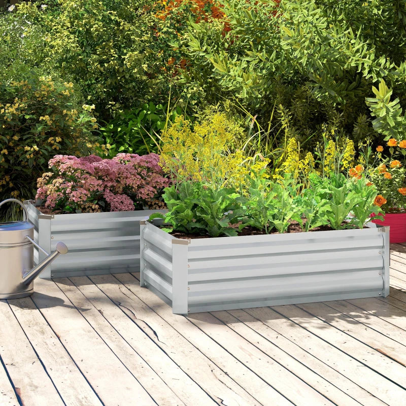 Set of 2 Galvanized Raised Beds for Garden, Outdoor Planter Box for Flowers, Herbs and Vegetables, Grey