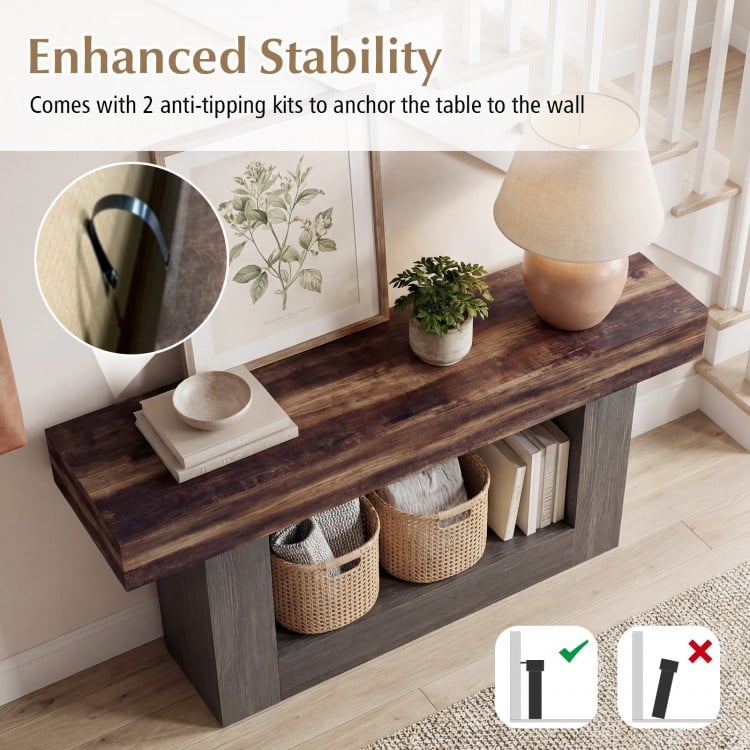 2-Tier Farmhouse Console Table 63" Long with Storage Shelf-Rustic Brown