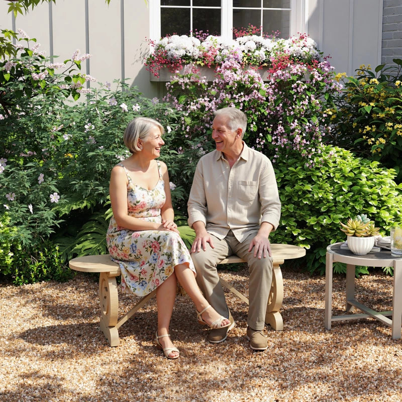 2-Person Outdoor Bench, Wood Garden Bench with Wagon Wheel Legs, Slatted Seat for Patio, Park, Backyard, Natural Wood