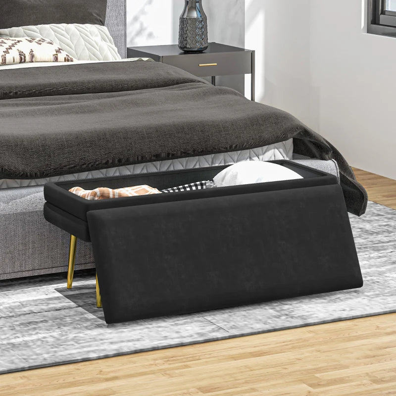 39" Storage Ottoman, Velvet End of Bed Bench with Steel Legs, Foot Stool with Storage for Bedroom, Living Room, Black