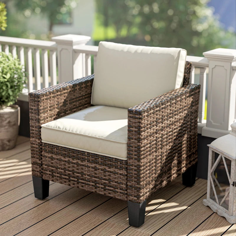 Single Outdoor Wicker Chair, Rattan Patio Chair with Armrests and Cushions for Balcony, Porch, Deck, Cream White