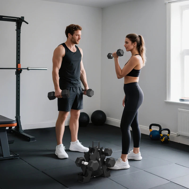 Soozier 60 LBS Hex Dumbbell Set with Rack, Rubber Coated Weights with Non-Slip Handles for Home Gym Strength Training