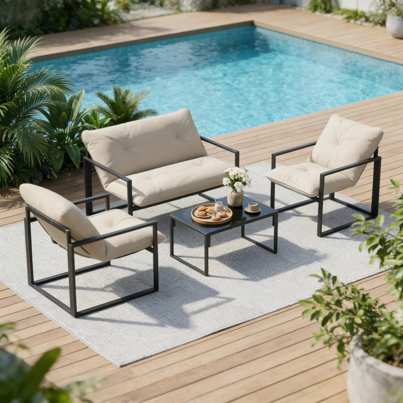 4 Piece Outdoor Furniture Set, Patio Conversation Set with Tempered Glass Table, Loveseat, 2 Chairs and Cushions, Beige