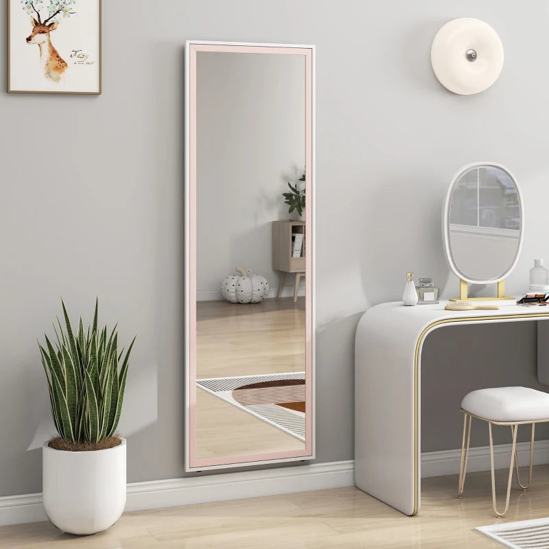 64" x 21" Full Length Mirror, Rectangular Full Body Mirror with Frame, Standing, Hanging or Leaning, White and Pink