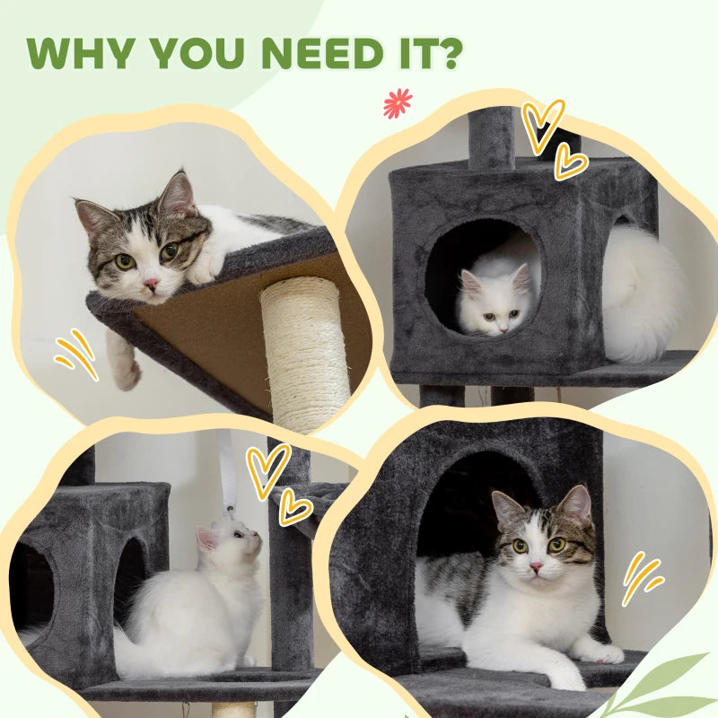 66 Inch Large Cat Tree with 2 Door Condos, 3 Big Hammocks, Plush Top Perch, Sisal Scratching Posts, Dark Grey