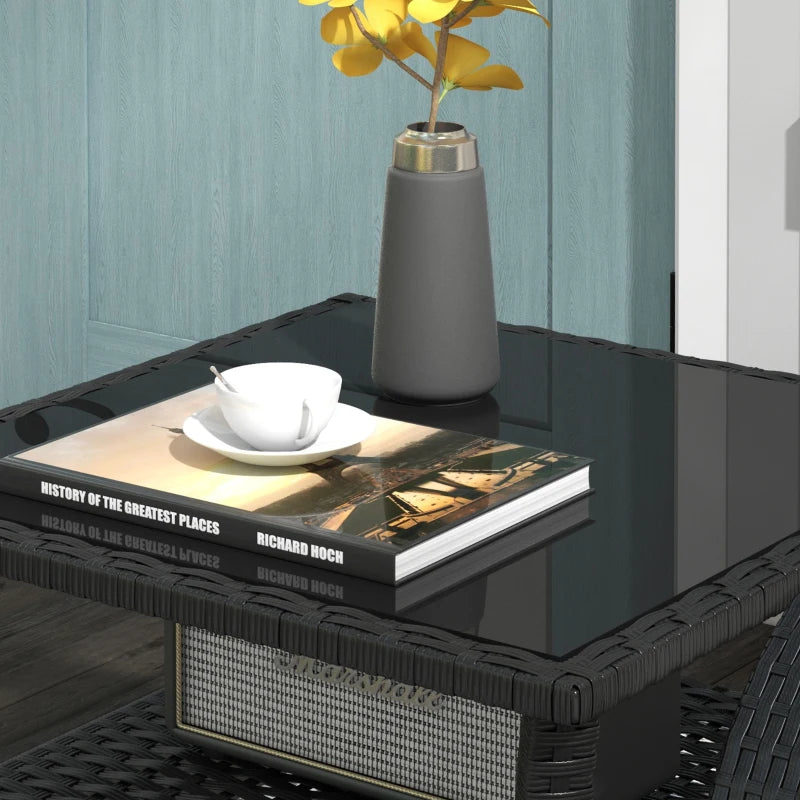 20" Patio Wicker Coffee Table, Outdoor PE Rattan Two-tier Side Table with Glass Top, for Patio, Garden, Balcony, Black