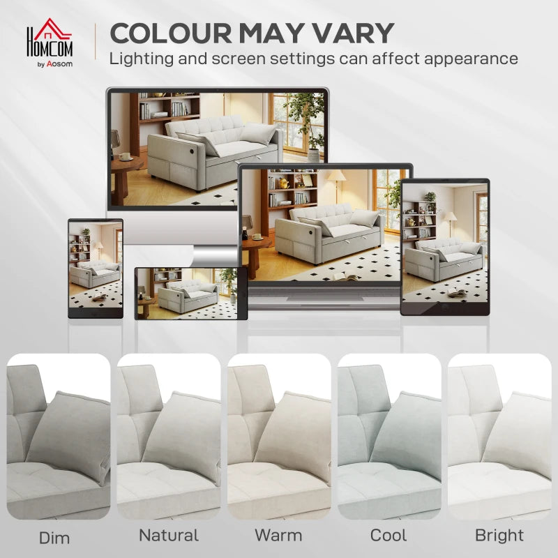 3‑in‑1 Convertible Sofa Bed, Pull Out Sleeper Sofa with USB Charging, Adjustable Backrest, Side Pockets, Beige
