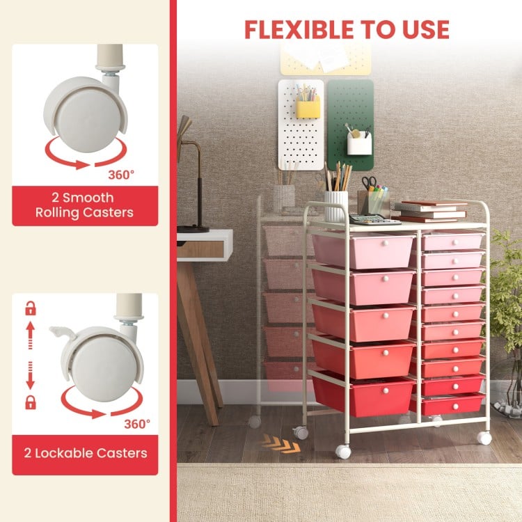 15-Drawer Utility Rolling Organizer Cart Multi-Use Storage-Pink