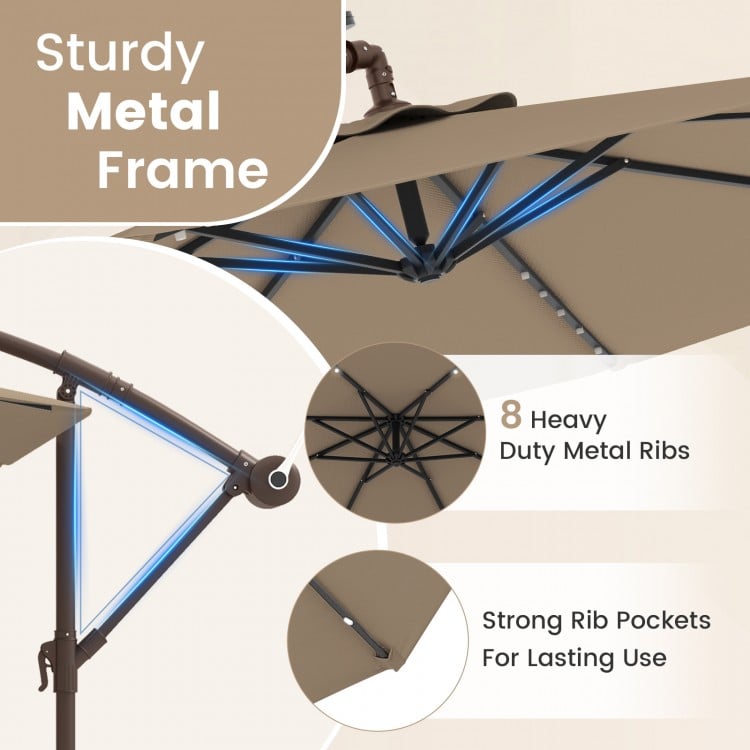 10 Feet Cantilever Umbrella with 32 LED Lights and Solar Panel Batteries-Tan