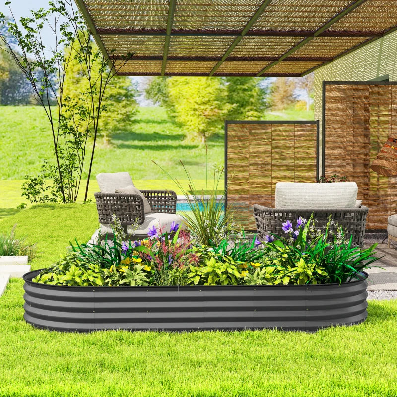 7' x 3' x 1' Large Outdoor Planter Box, Galvanized Raised Garden Bed with Metal Plant Stake, Dark Grey