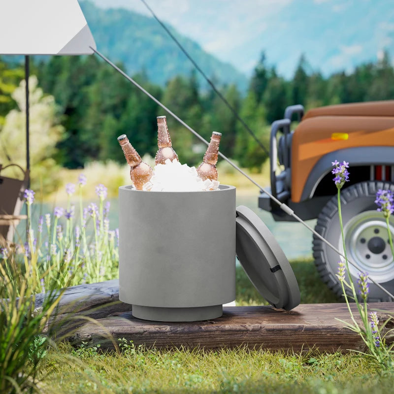 2.6 Gal Outdoor Side Table, 3-In-1 Concrete Cooler Bar Table with Storage, Removable Ice Bucket and Lid, Light Grey