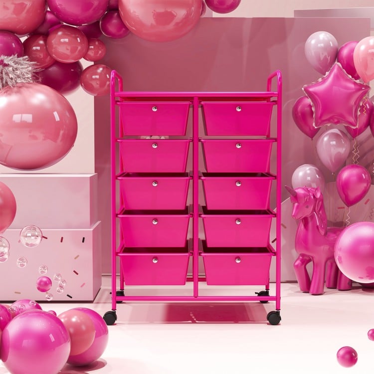10-Drawer Rolling Storage Cart-Pink