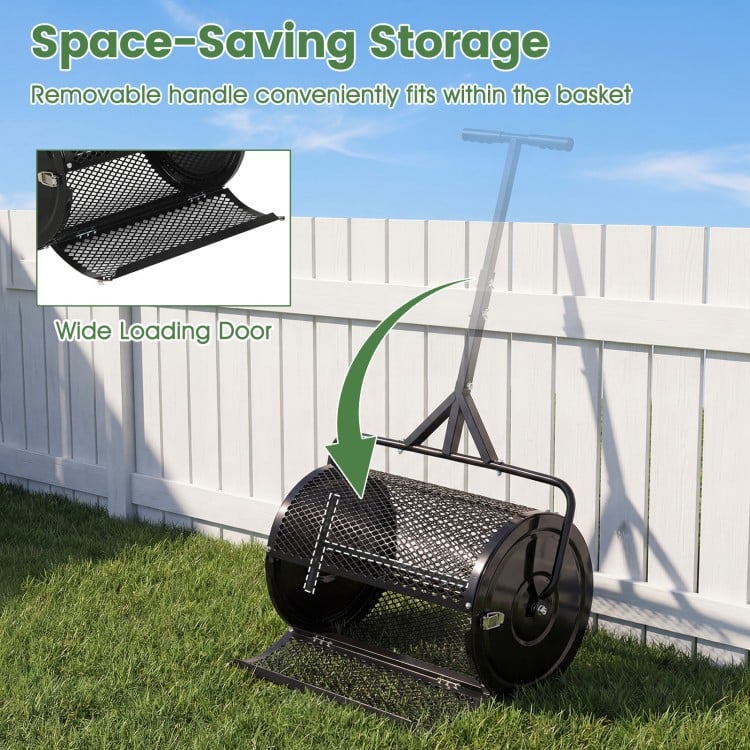 24 Inch Compost Spreader Peat Moss Spreader Roller with Height-Adjustable T-Shaped Handle-Black