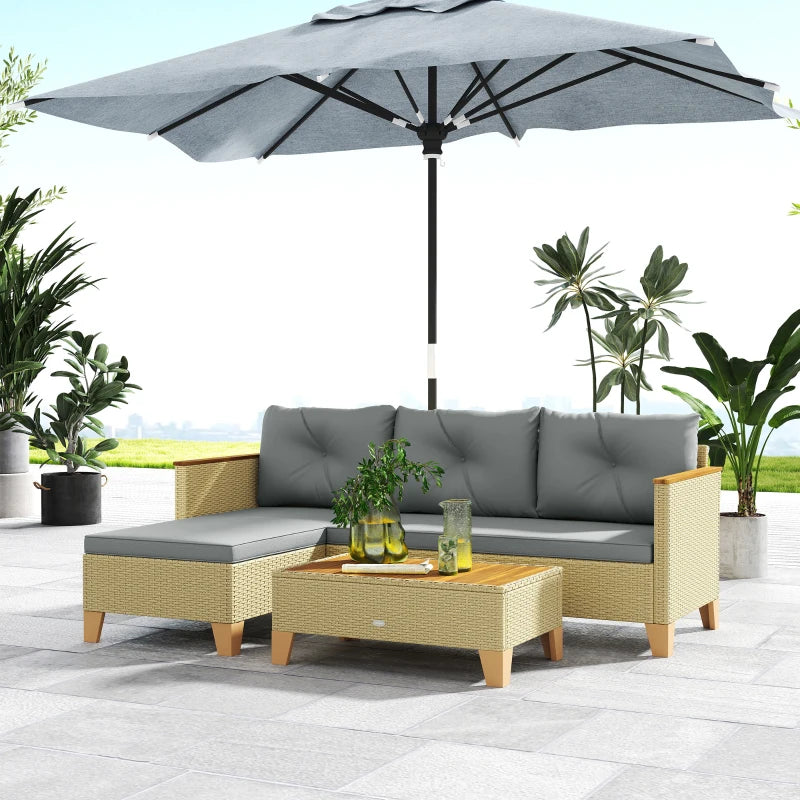 3 Piece Patio Furniture Set, L-Shaped Outdoor Furniture Conversation Set with Wood Top Coffee Table, Light Grey