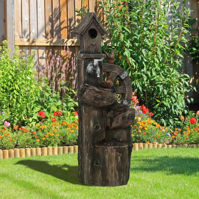 2-in-1 Outdoor Water Fountain with Birdhouse, Outdoor Waterfall, 13.6" L x 11.6" W x 36.2" H Mixed Colour