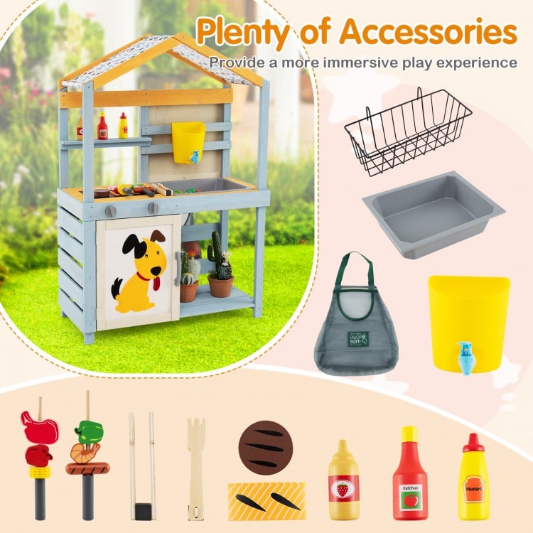 2 in 1 Wooden Mud Kitchen with Removable Water Box  and Storage Bag-Gray