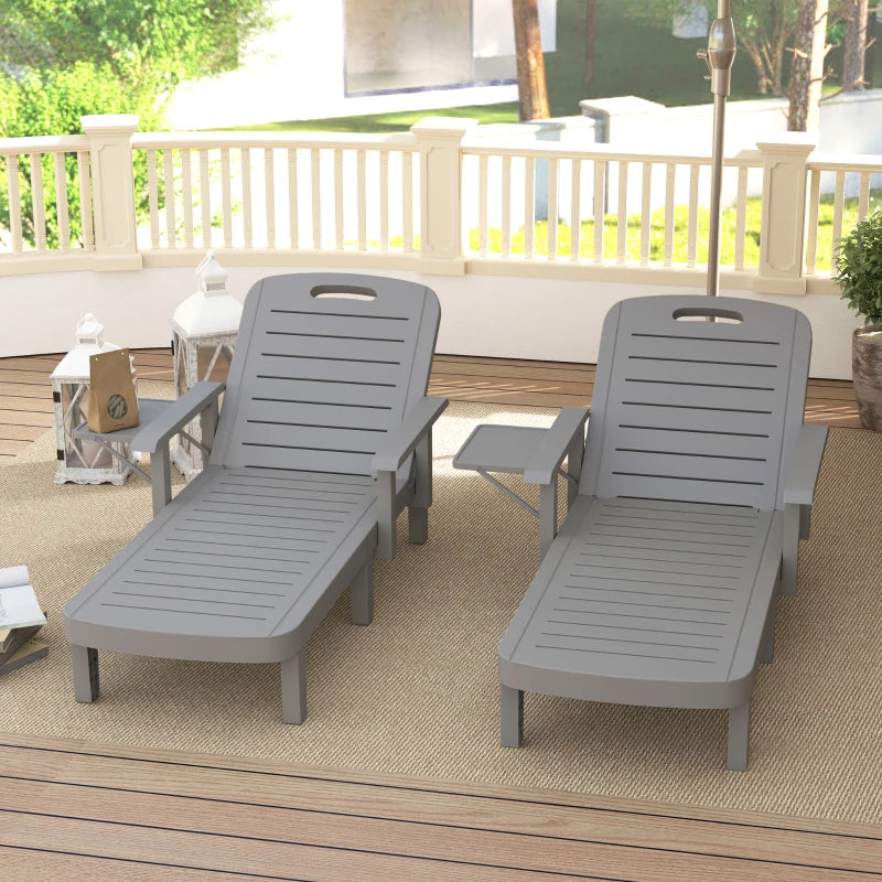 Set of 2 Tanning Chair, 5 Positions Adjustable Outdoor Lounge Chairs with Foldable Side Table, Dark Grey