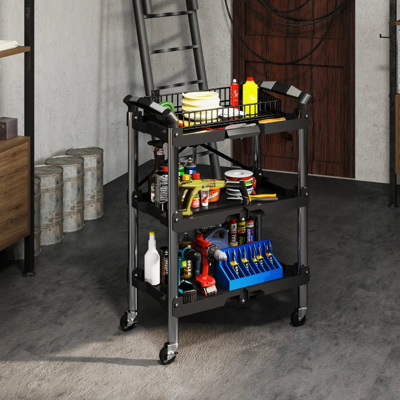 3-Tier Collapsible Tool Cart with Wheels, 150 LBS Capacity Folding Utility Cart with Handles for Garage Workshop, Black