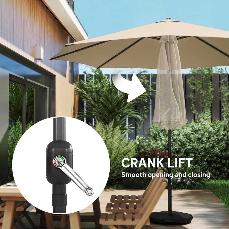 10' x 10' Round Market Umbrella with Base and Sandbag, Patio Umbrella with Crank Handle and Tilt, Khaki