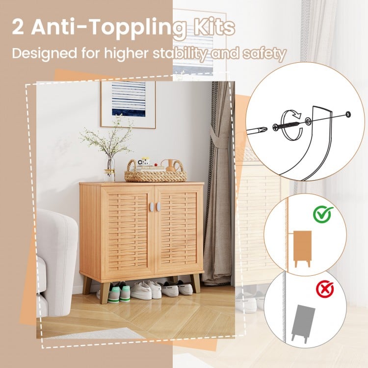 2-Door 4-Tier Shoe Cabinet Storage Organizer with Ventilated Woven Doors-Teak