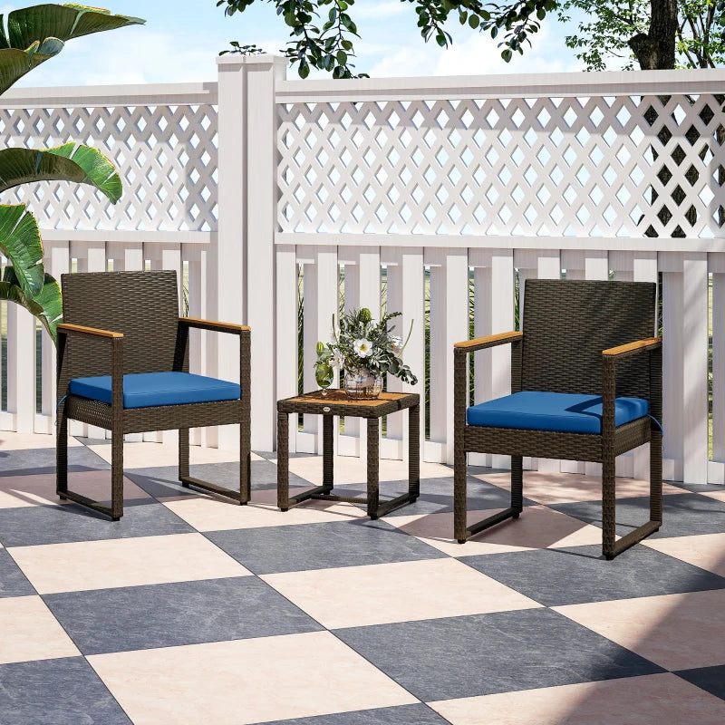 3 Pieces Wicker Patio Furniture Set, Rattan Bistro Set w/ Acacia Wood Table & Removable Cushions, Dark Blue