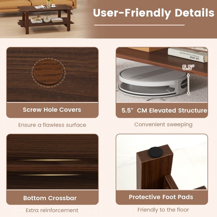 2-Tier Coffee Table Slatted Wood Center Table with Storage Shelf-Walnut