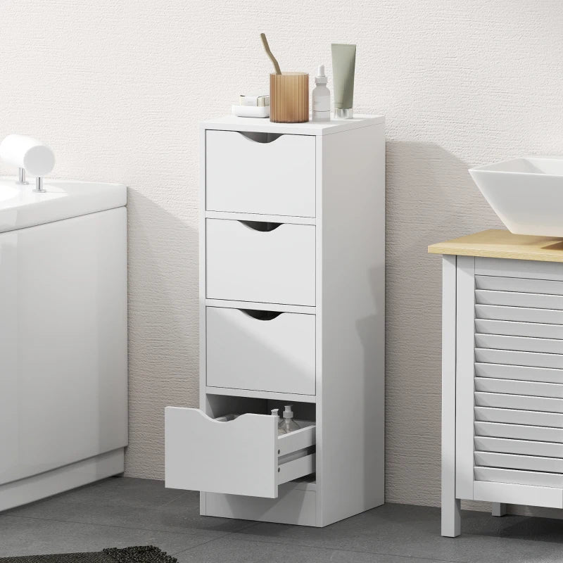 4-Drawer Bathroom Cabinet, Freestanding Narrow Storage Cabinet with Groove Handles for Small Spaces, White