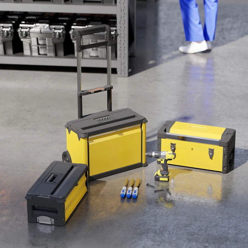 3-in-1 Tool Box with Wheels, Stackable, Modular Steel Toolbox with Tray, Handles, Latches for Workshop, Garage, Yellow