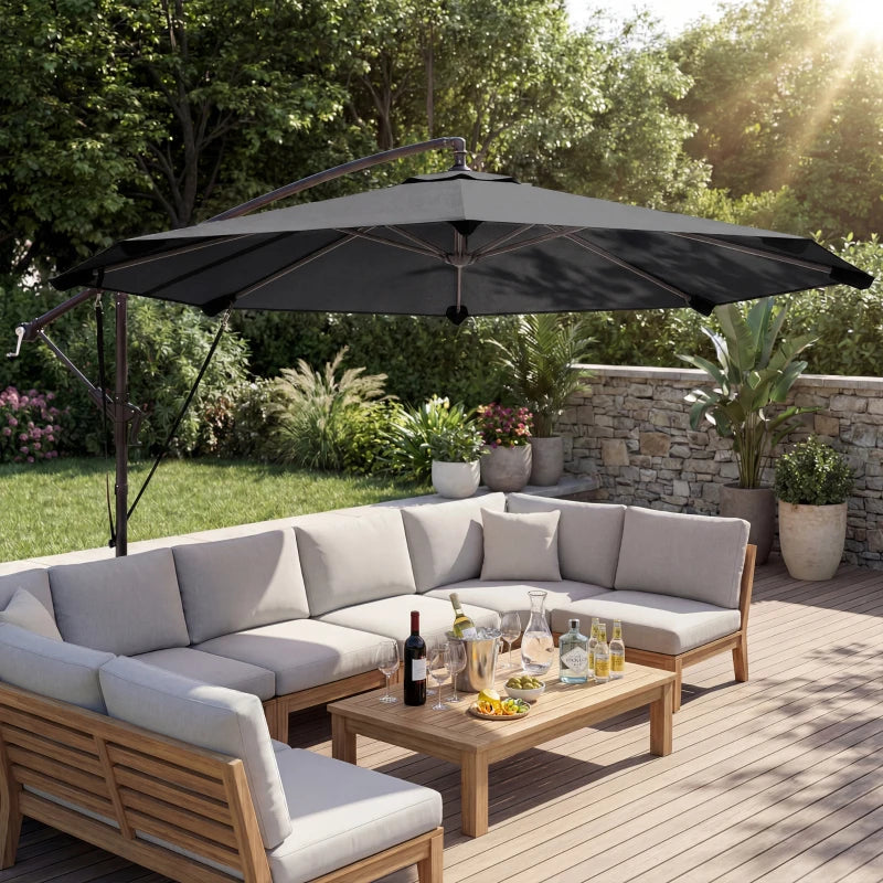 10FT Cantilever Patio Umbrella with 8 Ribs, Offset Patio Umbrella with Cover and Wind Ropes for Garden, Yard, Dark Grey