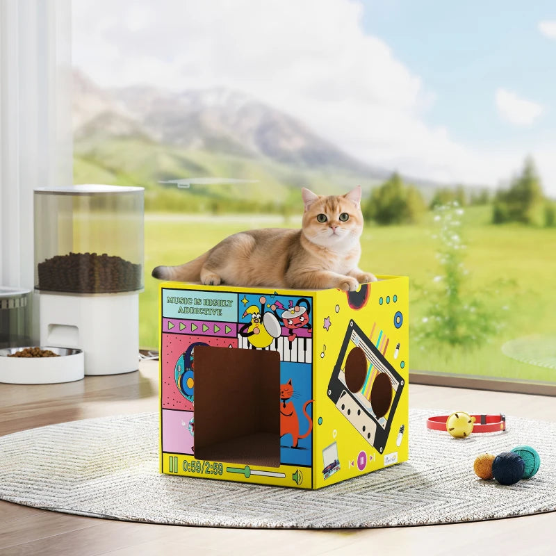 2 in 1 Cardboard Cat House, Cat Scratcher for Indoor Cats with Scratching Board & Catnip