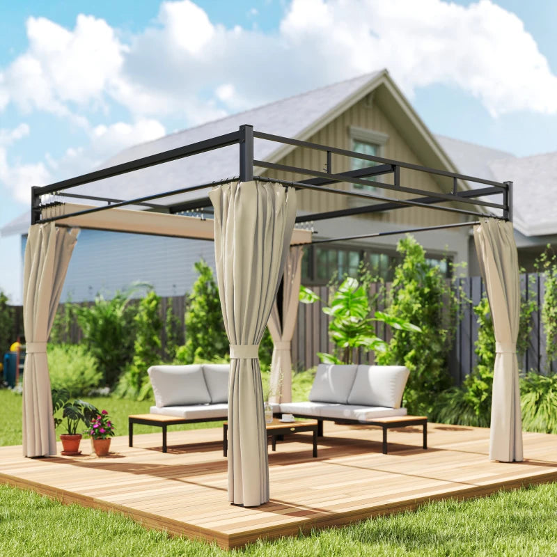 10' x 10' Outdoor Gazebo, Retractable Pergola Canopy with Curtains, UPF30+ Free Standing Metal Pergola Kit, Beige