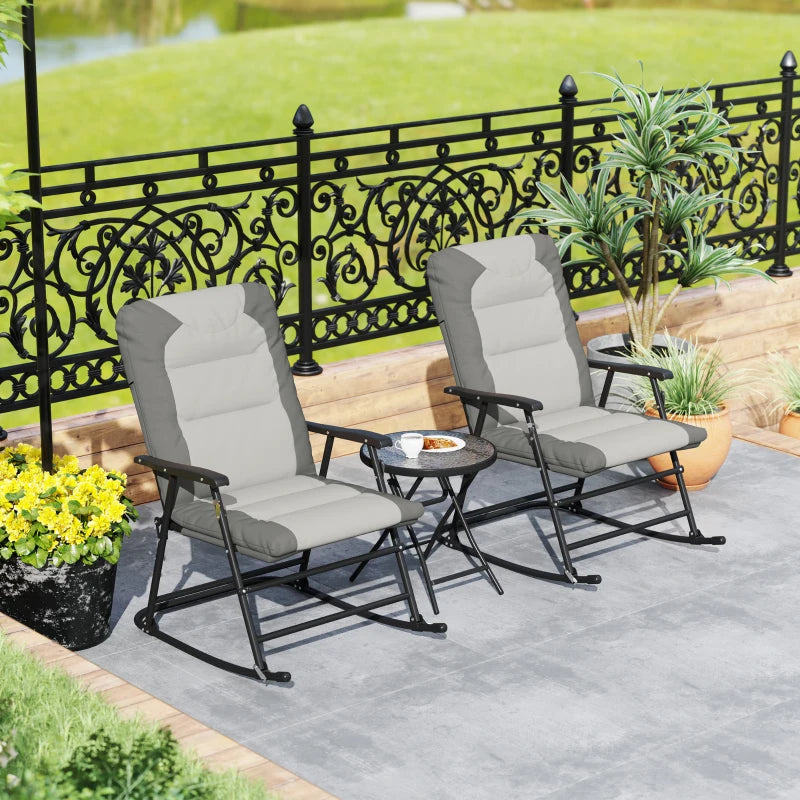 3-Piece Outdoor Foldable Rocking Chair Set, Light Grey