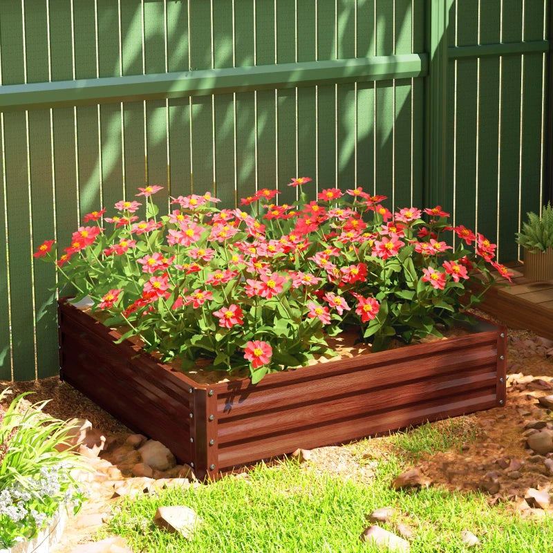 4' x 4' x 1' Raised Garden Bed Galvanized Steel Planter Box for Vegetables, Flowers, Herbs, Dark Brown Wood Effect