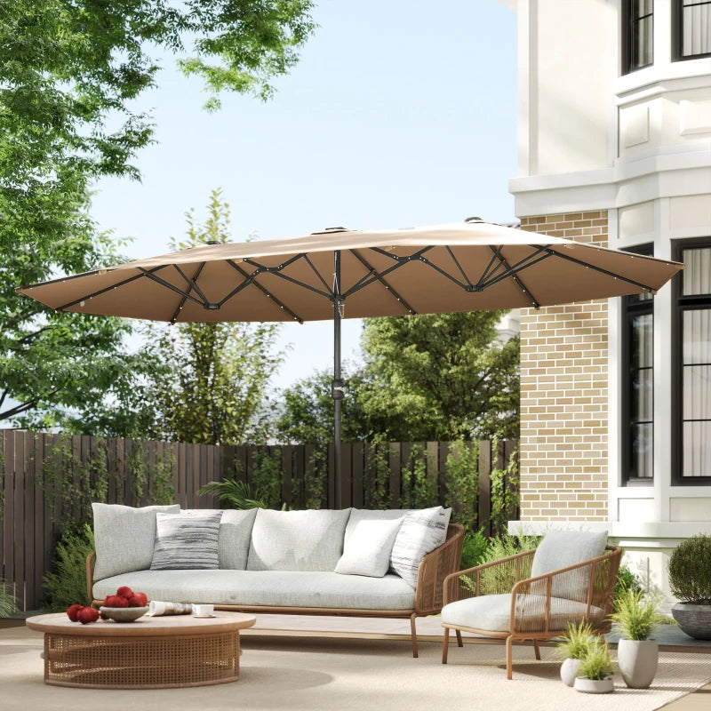 174" Double-Sided Sun Umbrella Garden Parasol Patio Sun Shade Outdoor with LED Solar Light, Khaki