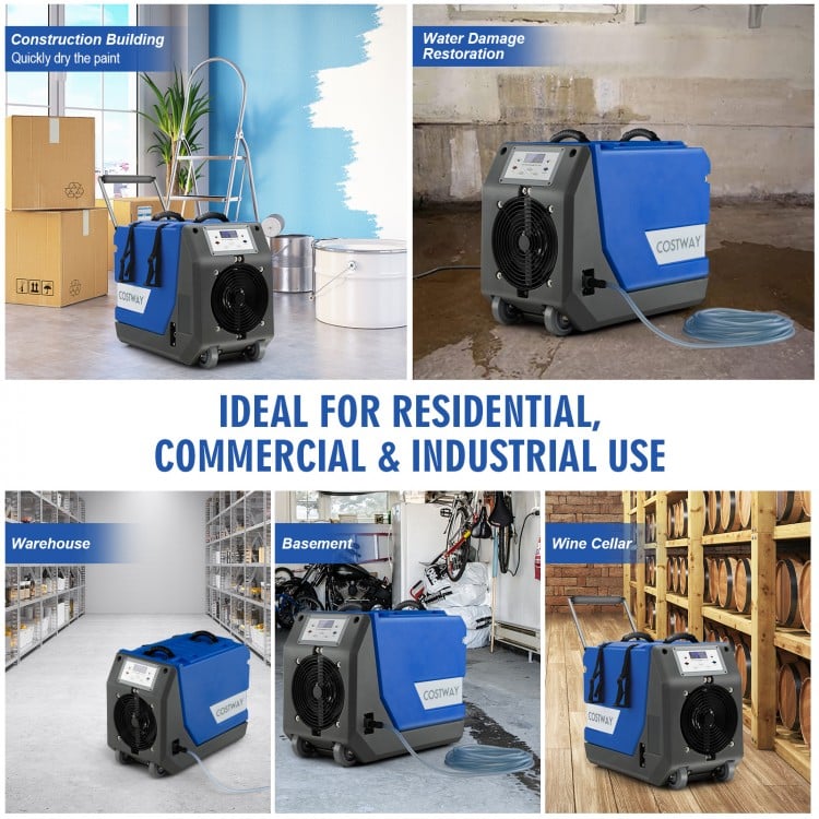 180 PPD Commercial Dehumidifier with Pump Drain Hose and Wheels-Blue