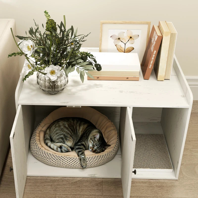 32" Cat Litter Box Enclosure with Scratching Mat, Cat Entrance, Fit Most of Cat and Litter Box, Distressed White