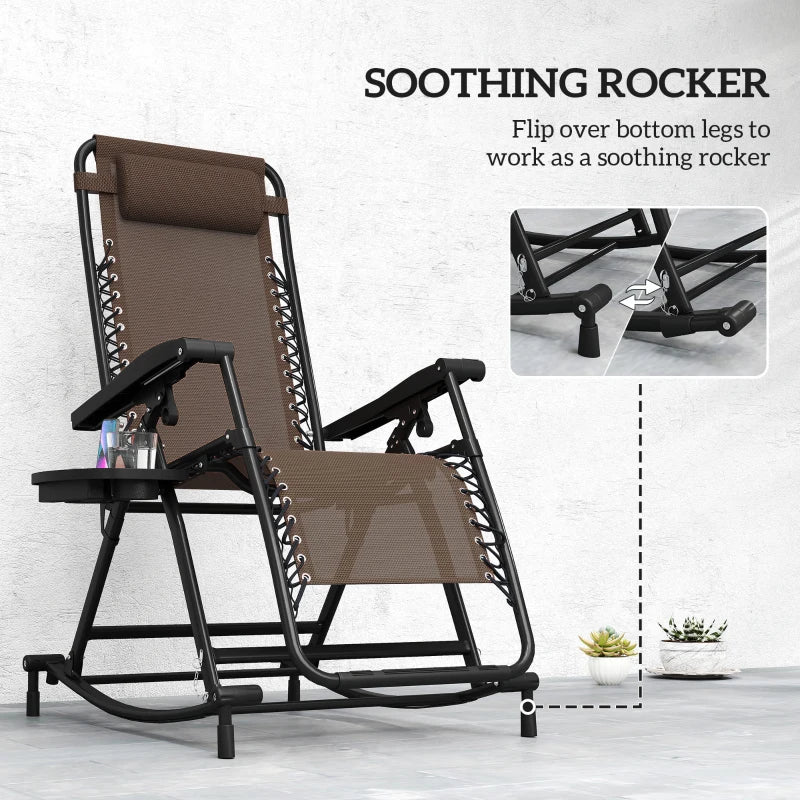 2 in 1 Adjustable Zero Gravity Reclining Lounge Chair Garden Recliner and Rocker Foldable Sun Lounger Napping Seat w/ Headrest & Tray Brown