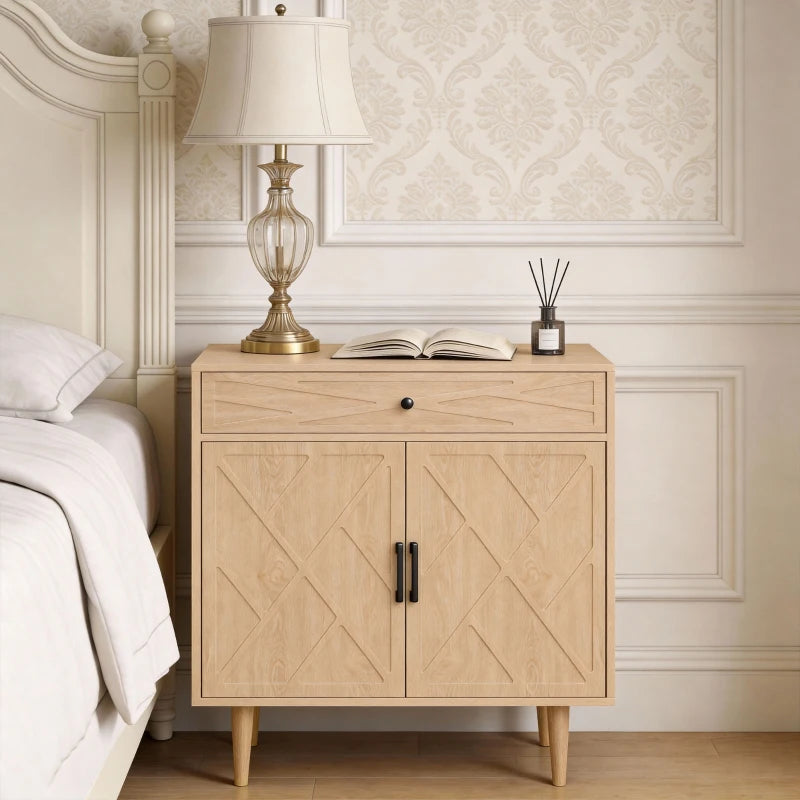 30" Sideboard with Patterned Doors, Buffet Cabinet with Drawer and Cabinet for Dining Room, Oak
