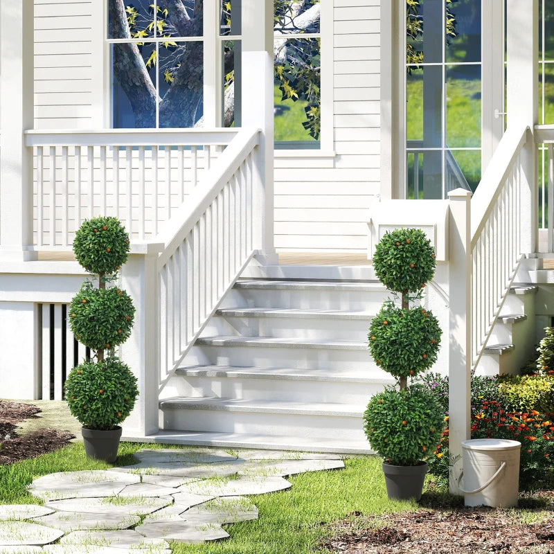 3.3FT Artificial Boxwood Topiary Tree Set of 2, Faux Three Ball Topiary Tree in Pot for Indoor Outdoor Decor, Green