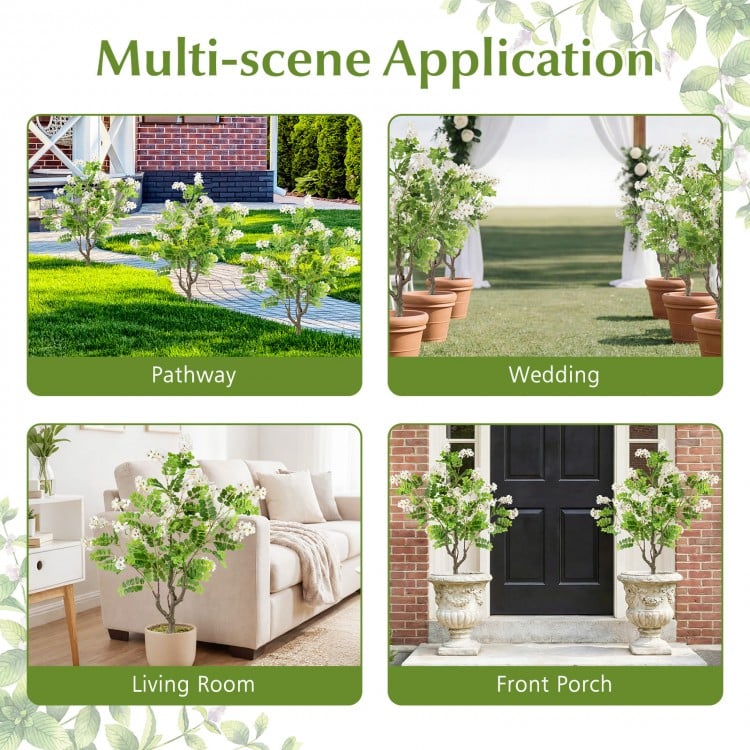 2 Pack Artificial Locust Flower Trees 39 Inch Fake Evergreen Shrubs with Ground Spikes-White