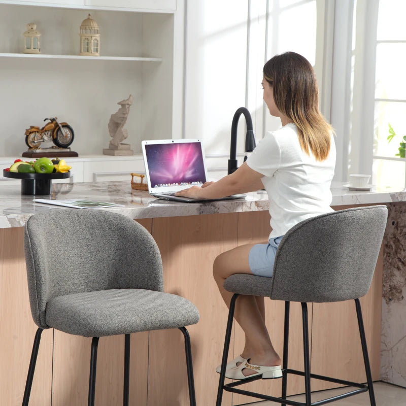 Set of 2 Counter Height Barstools, Upholstered Linen Bar Stools with Backrest, Footrest and Steel Legs, Dark Grey