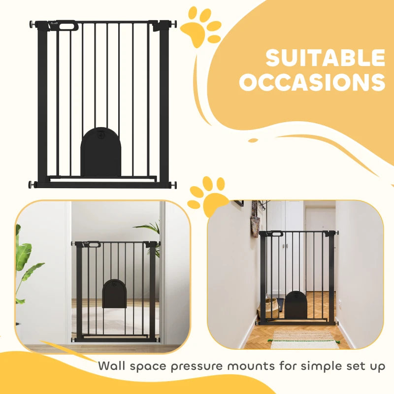 30"-32" Extra Wide Pet Gate Barrier with Small Door, 35"H Dog Gate with Safety Gate Barrier, Stair Pressure Fit, Black