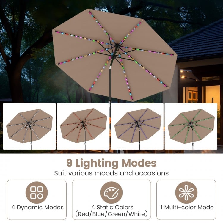 10 Feet Solar Patio Umbrella with 96 Multi-Colored Flowing LED Lights and Tilt Adjustment-Beige