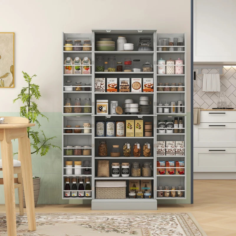 65" Kitchen Cabinet, Kitchen Pantry Cabinet with 4 Doors and 16 Door Shelves for Dining Room, Grey