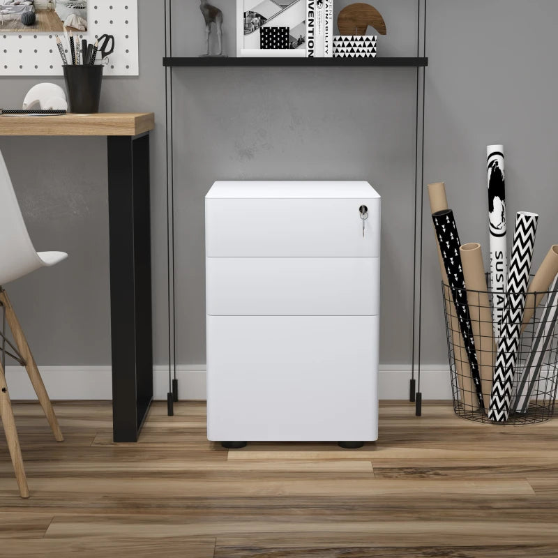3 Drawer Filing Cabinet, Steel Home Office Storage Cabinet with Wheels, Lock for A4, Letters, Legal-sized Files, White