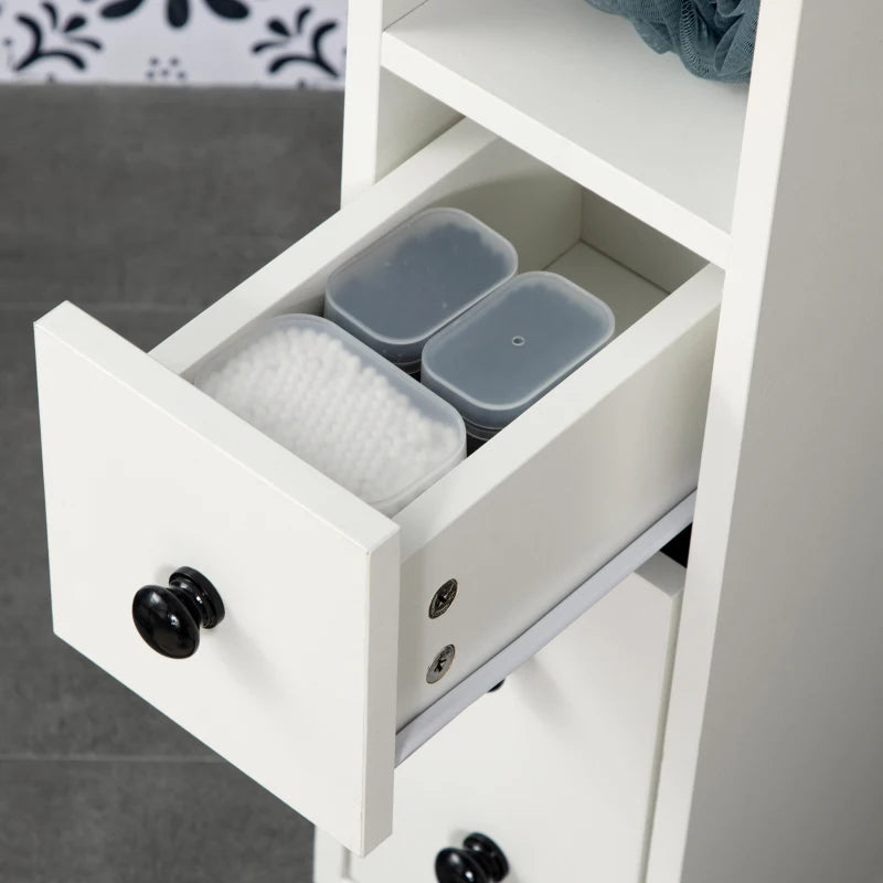 Slim Bathroom Cabinet with Wheels, Narrow Bathroom Storage Cabinet with Door, Drawer and 2 Open Compartments, White