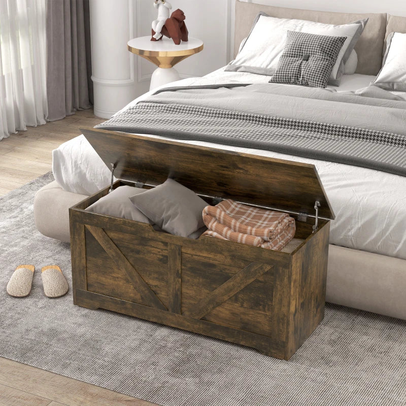 39.4 Inches Storage Chest, Storage Trunk with 2 Safety Hinges for Living Room, Brown Wood Grain
